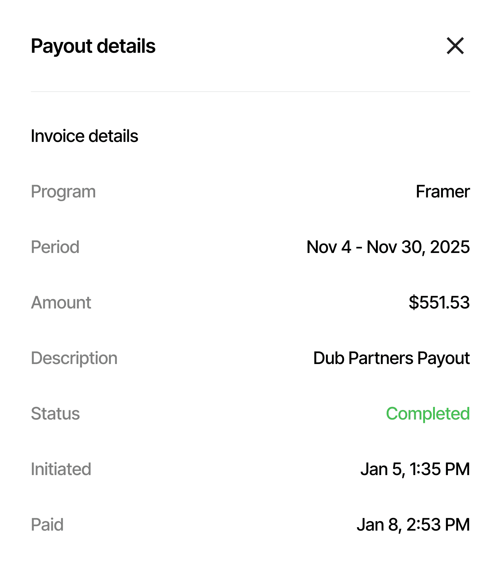 Payout details for Framer program showing a $551.53 payment for Nov 4-30, 2025. Status is Completed, paid Jan 8.