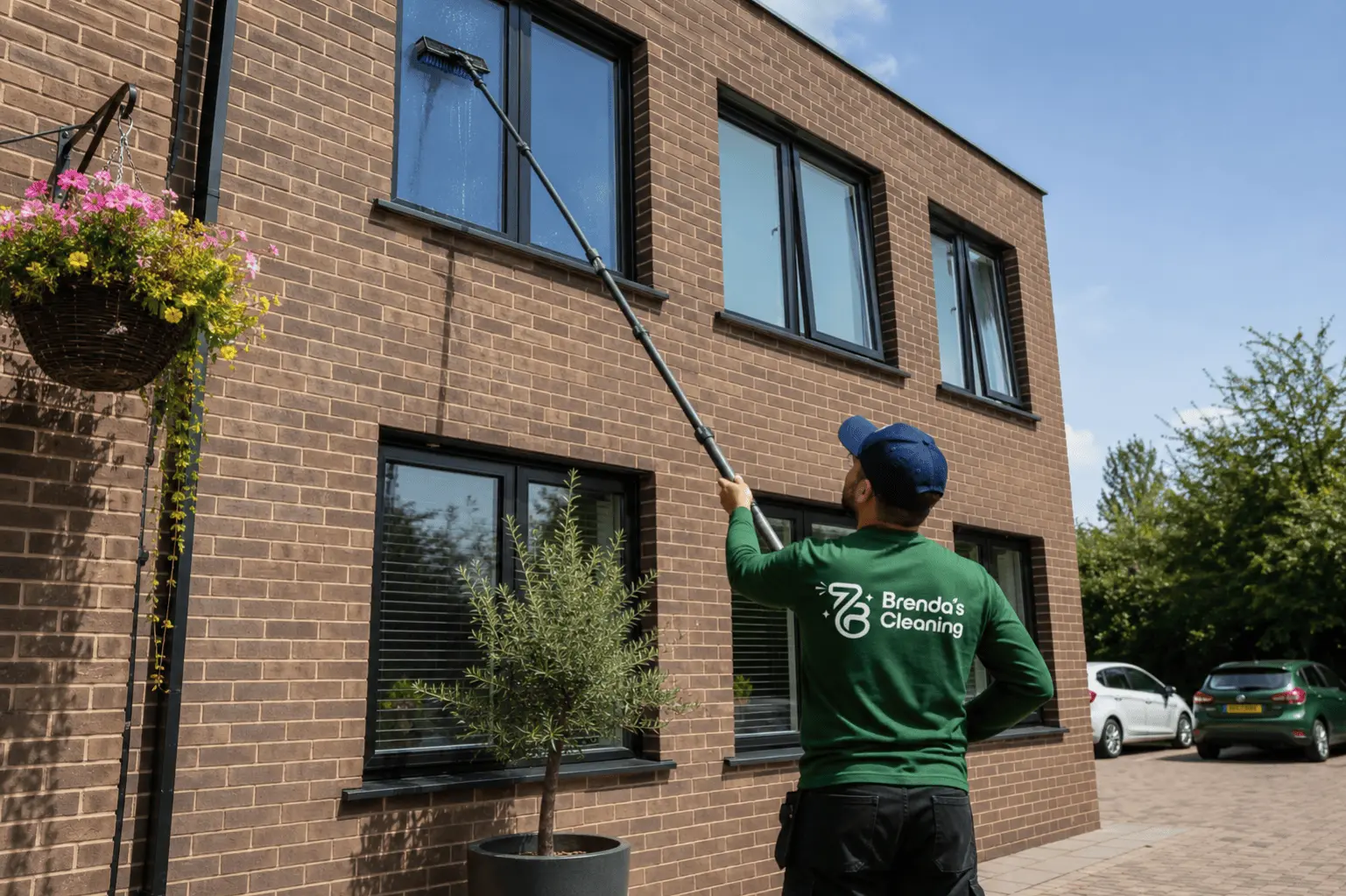 A smiling commercial window cleaning professional with Brenda's Cleaning service using a blue and white microfiber washer sleeve on a handheld T-bar tool to scrub large exterior glass windows. Dressed in a branded navy blue uniform polo shirt, black work pants with a belt, and blue protective gloves, she stands safely on a step ladder to apply soapy cleaning solution. The scene demonstrates professional commercial window washing, building maintenance, and property janitorial services along a corporate office building facade with her reflection clearly visible in the glass windowpane.
