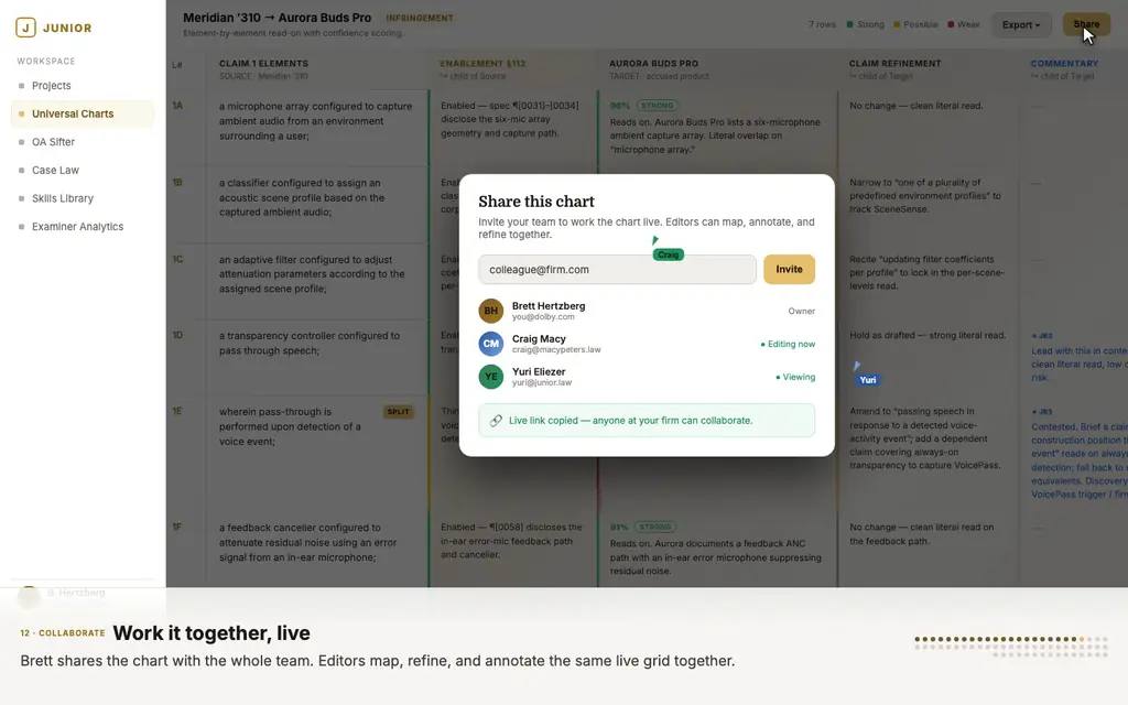Live multi-user collaboration — two collaborators annotating elements of the same claim chart simultaneously, each note attributed