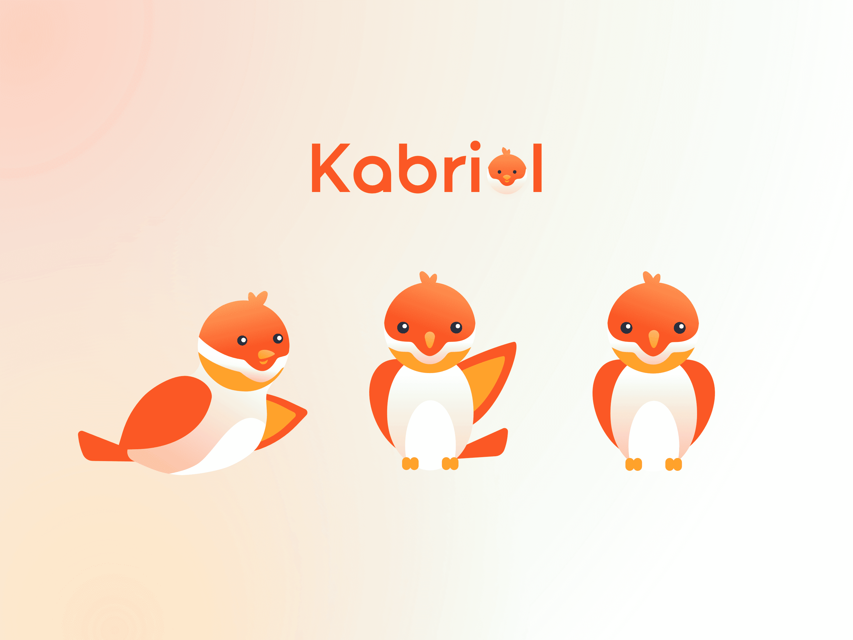 Logo de Kabriol avec en dessous, trois illustrations de l'oiseau mascotte dans différentes poses : allongé, ailes levées et debout.