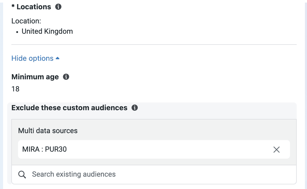 Audience settings with a custom audience exclusion of 30-day purchasers