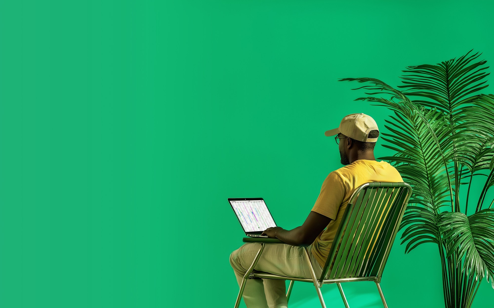 Traveller sits on a holiday chair working with his laptop, a palm tree in the background