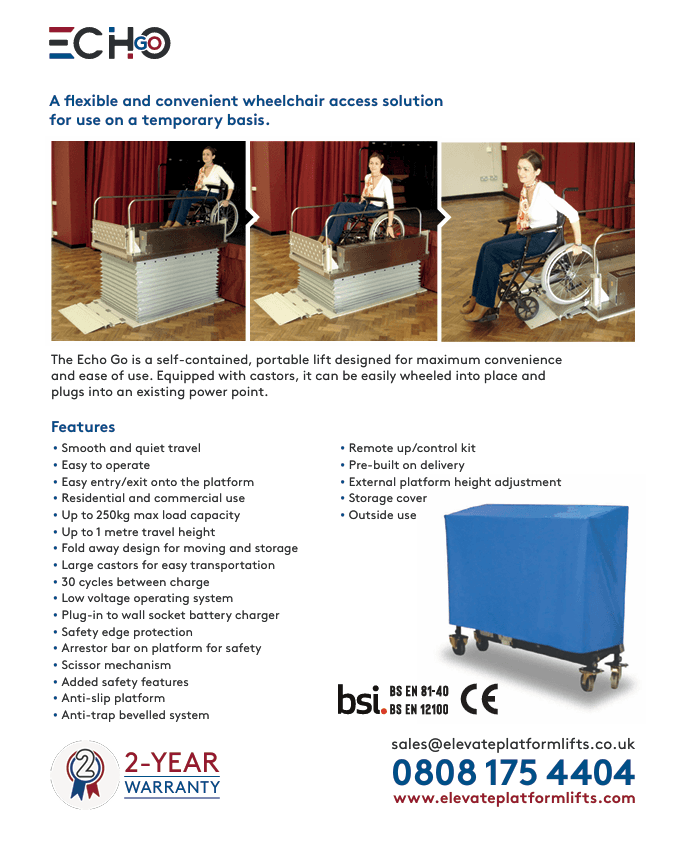 A portable platform lift raising a wheelchair user onto a raised stage at an event venue, demonstrating temporary wheelchair access without fixed installation.
