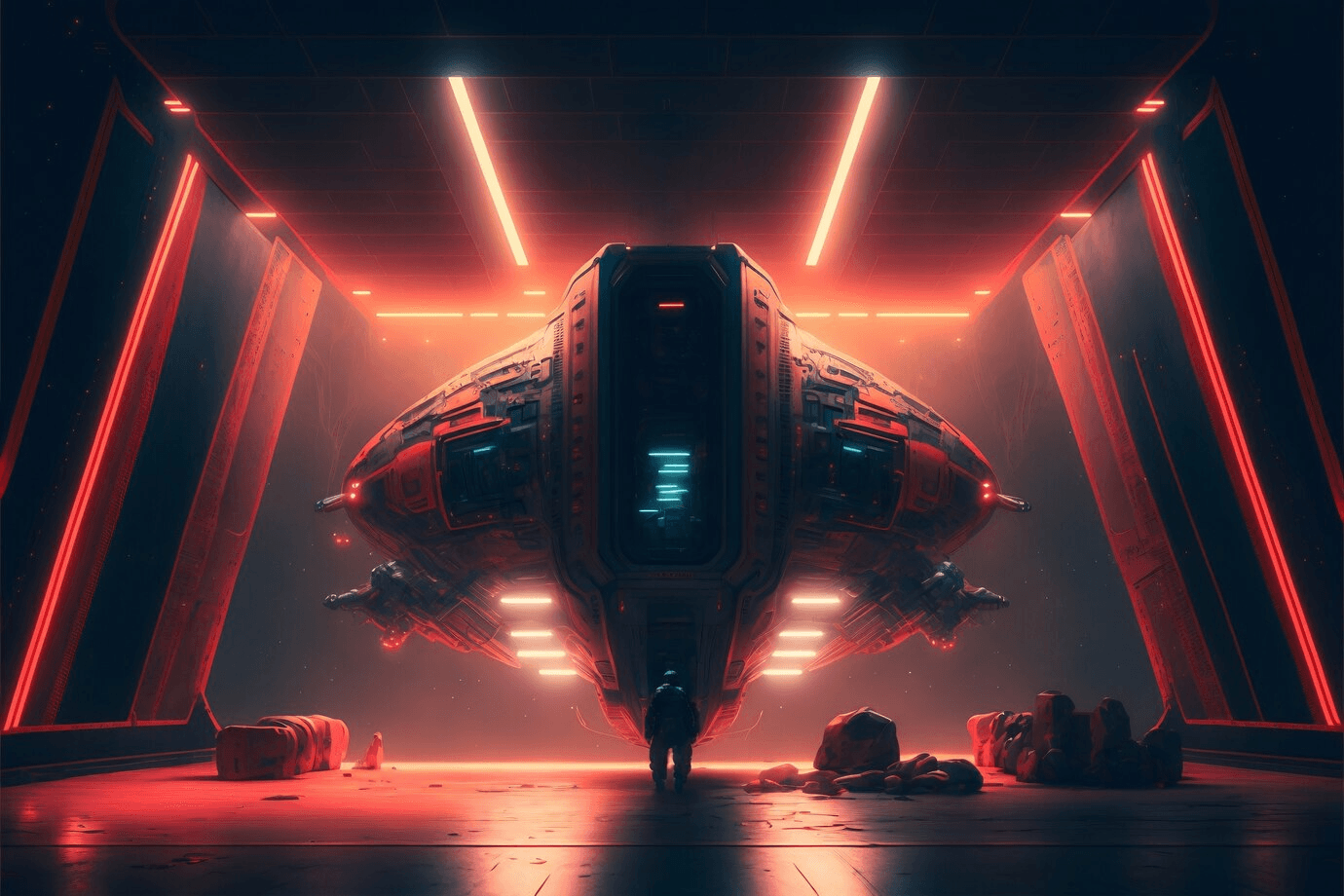 Massive sci-fi spaceship illuminated in neon red inside a futuristic hangar, viewed from behind a lone astronaut.