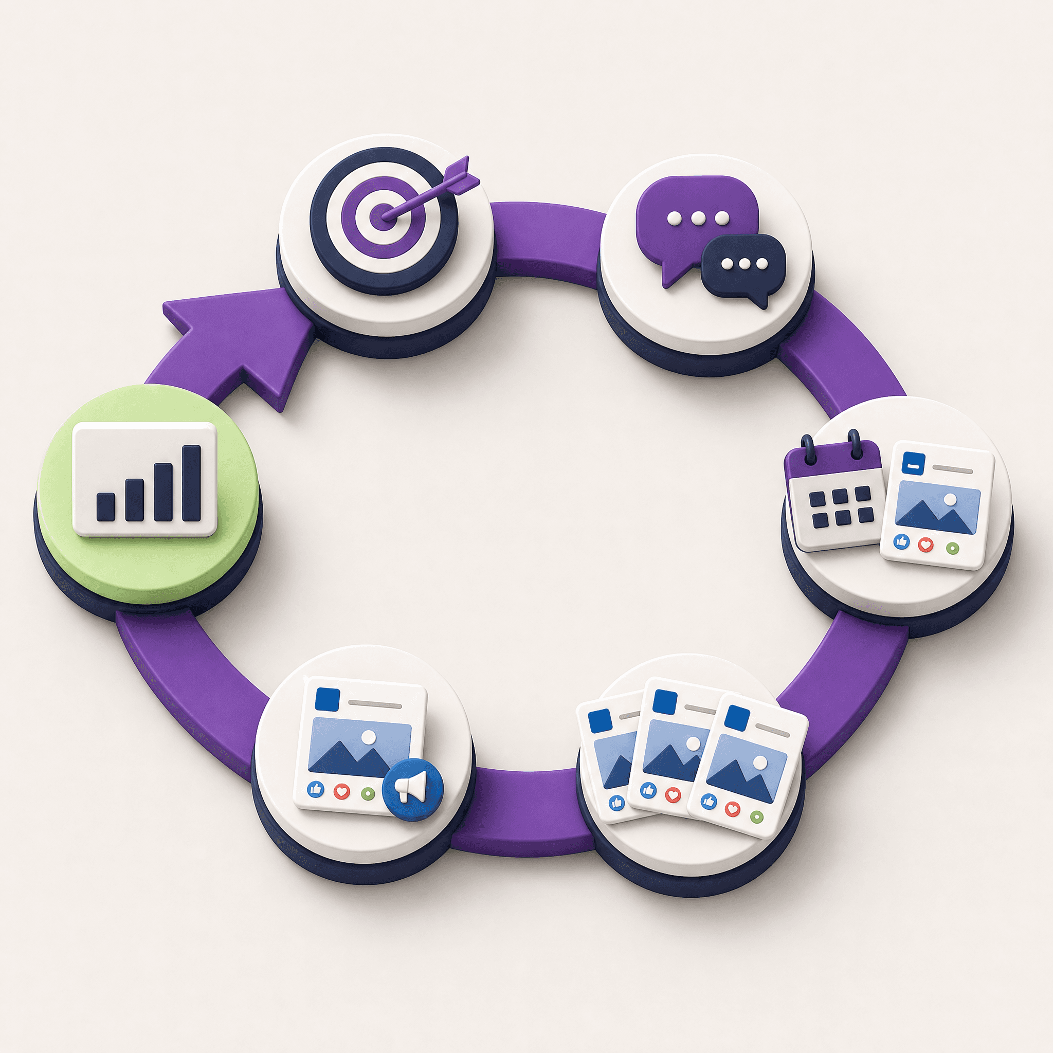 A closed purple loop with six stations: a target, chat bubbles, a calendar with a post, employee posts, a promoted post with a megaphone and analytics on a green base, with the arrow returning to the start