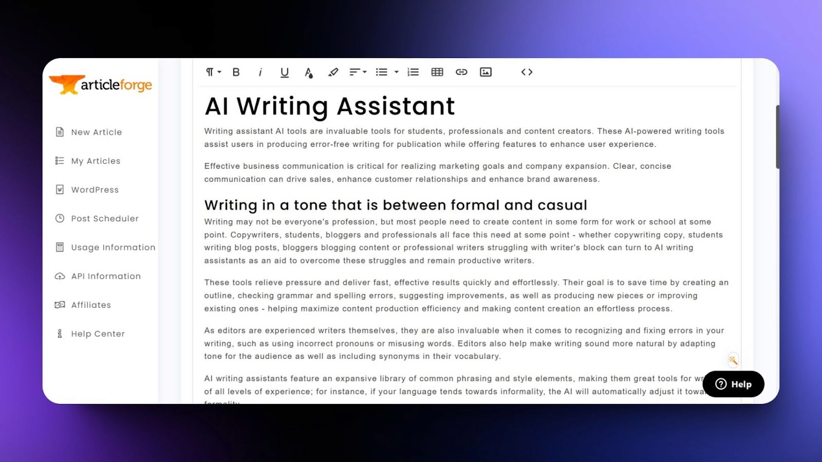 Screenshot of ArticleForge's AI Writing Assistant interface, showing detailed text editing with formal and casual tone suggestions.