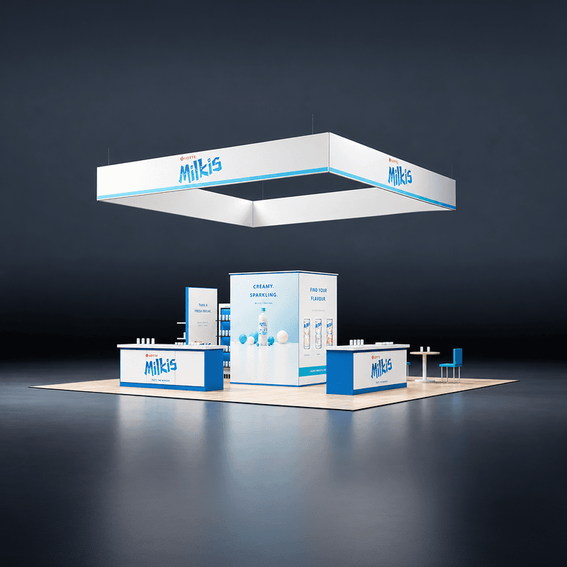 30x30 beverage sampling booth rental with dual tasting counters and overhead branding