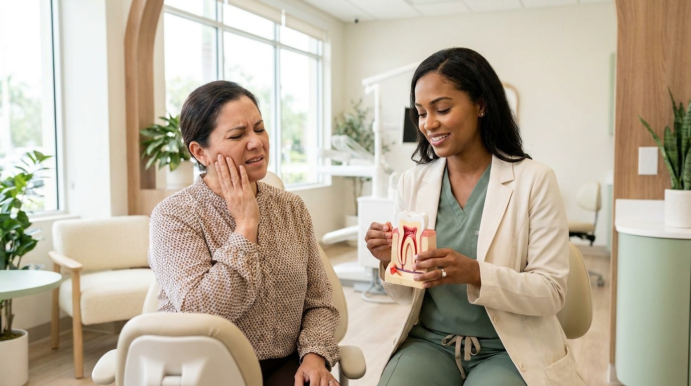 Patient with sharp tooth pain while a Palm Beach Gardens dentist explains an exposed nerve using a tooth model