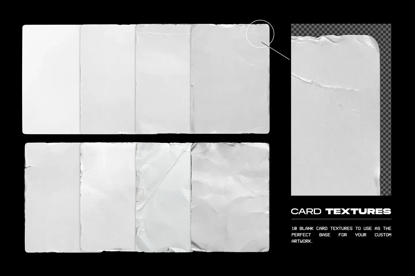 Trading card case mockups blank card texture pack with folded and wrinkled paper surfaces
