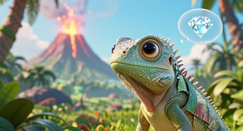 cute lizad dinosaur thinking about a diamond, with a volcano erupting in the background