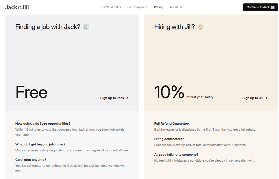 Jack and Jill pricing page showing free for candidates and 10% of first year salary for employers
