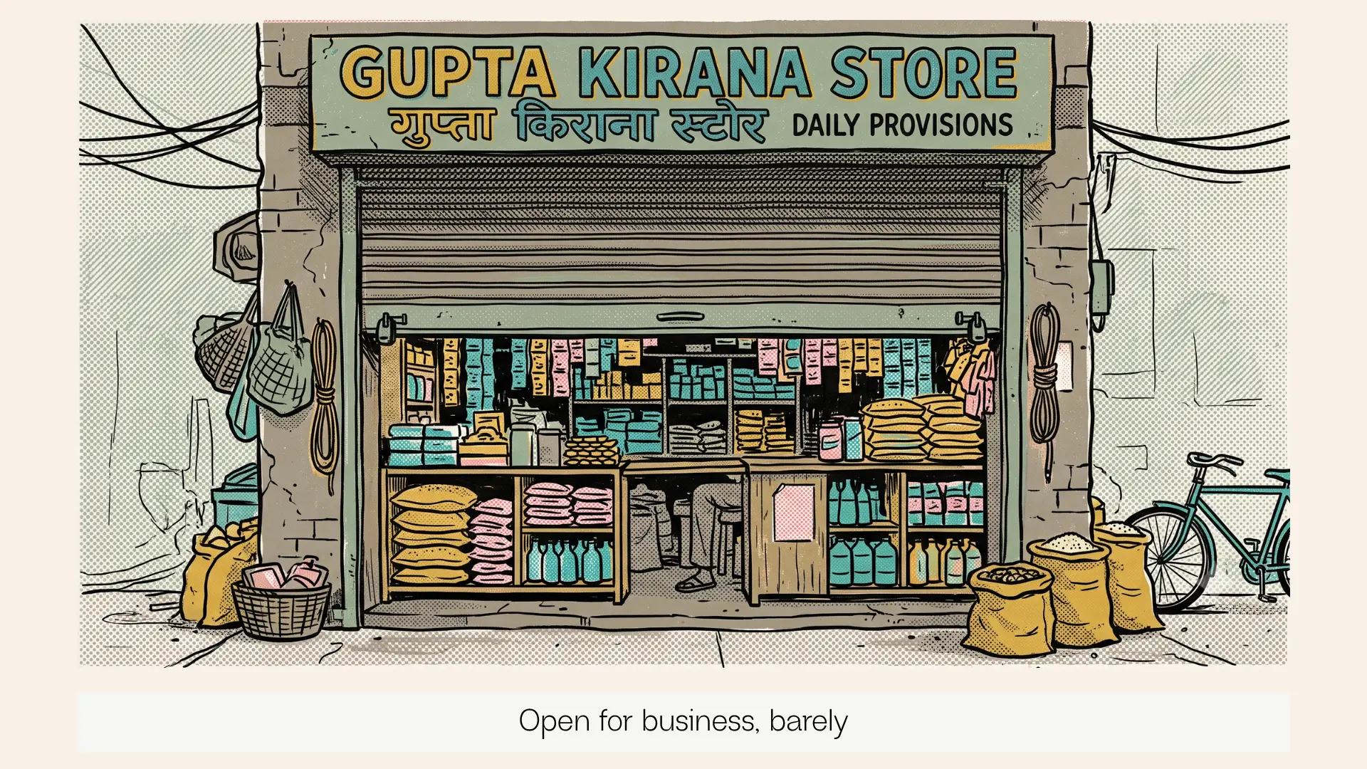 A kirana store shutter, half open, half closed