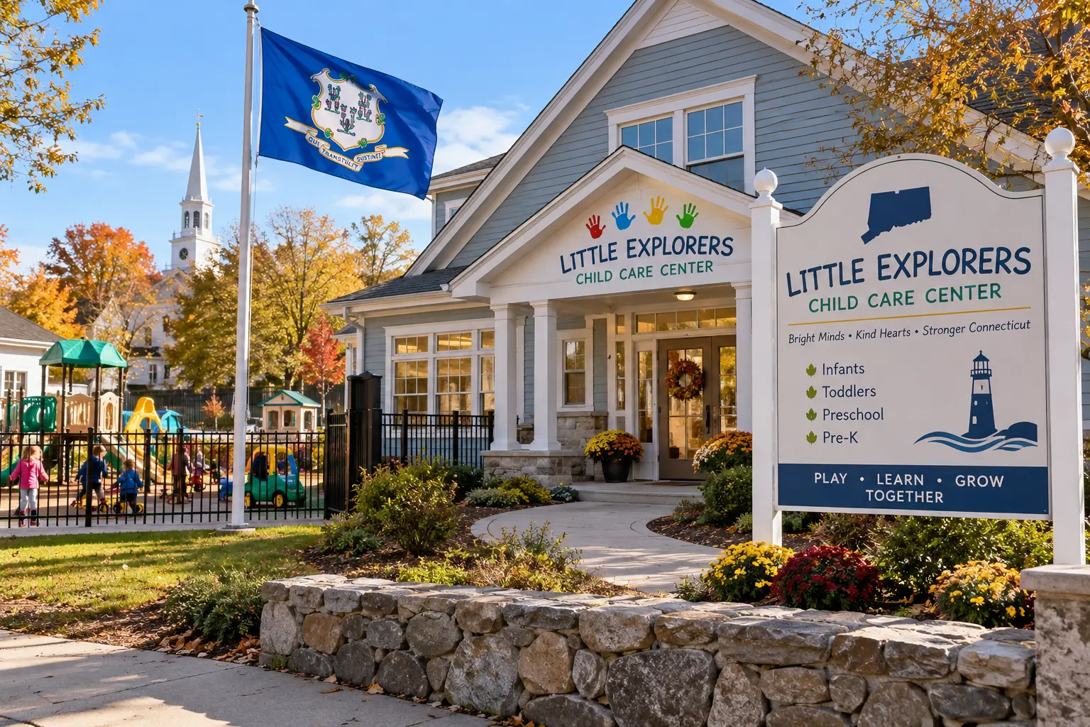 the outside of a child care center flying the connecticut flag