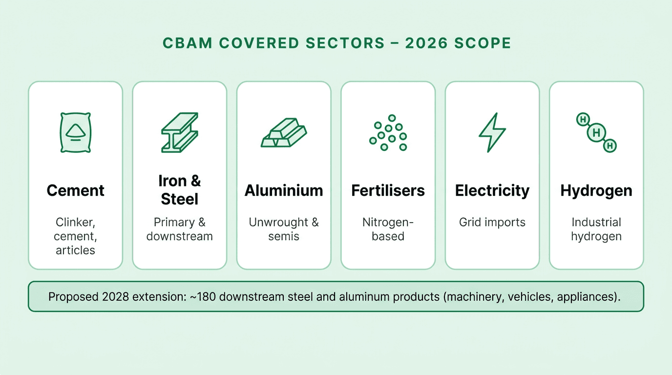 Row of six category cards showing the cement, iron and steel, aluminium, fertilisers, electricity, and hydrogen sectors covered by CBAM in 2026, with a banner noting the proposed 2028 extension to approximately 180 downstream products.