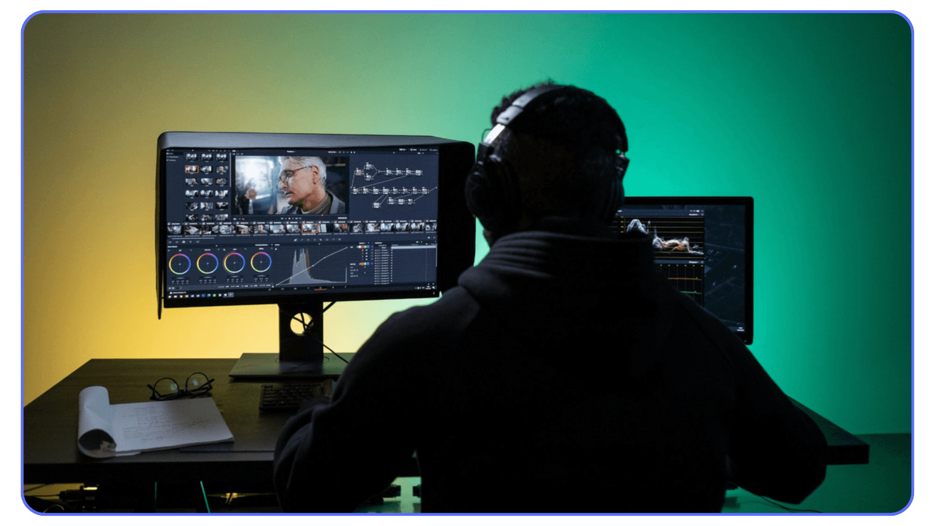 Video editor using professional color grading and editing software on a dual-monitor setup
