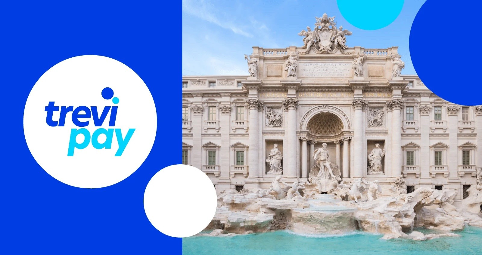 TreviPay-Logo neben dem Trevi-Brunnen in Rom, für B2B-Anbieter von Zahlungszielen, die den Zeitpunkt von Forderungen steuern.
