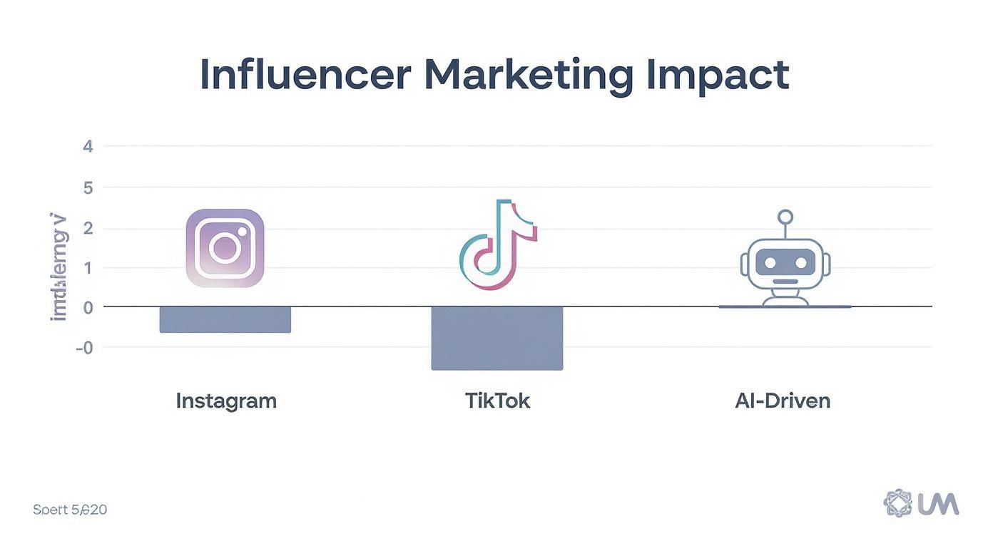 Bar chart comparing influencer marketing impact across Instagram, TikTok, and AI-driven platforms showing varied performance metrics
