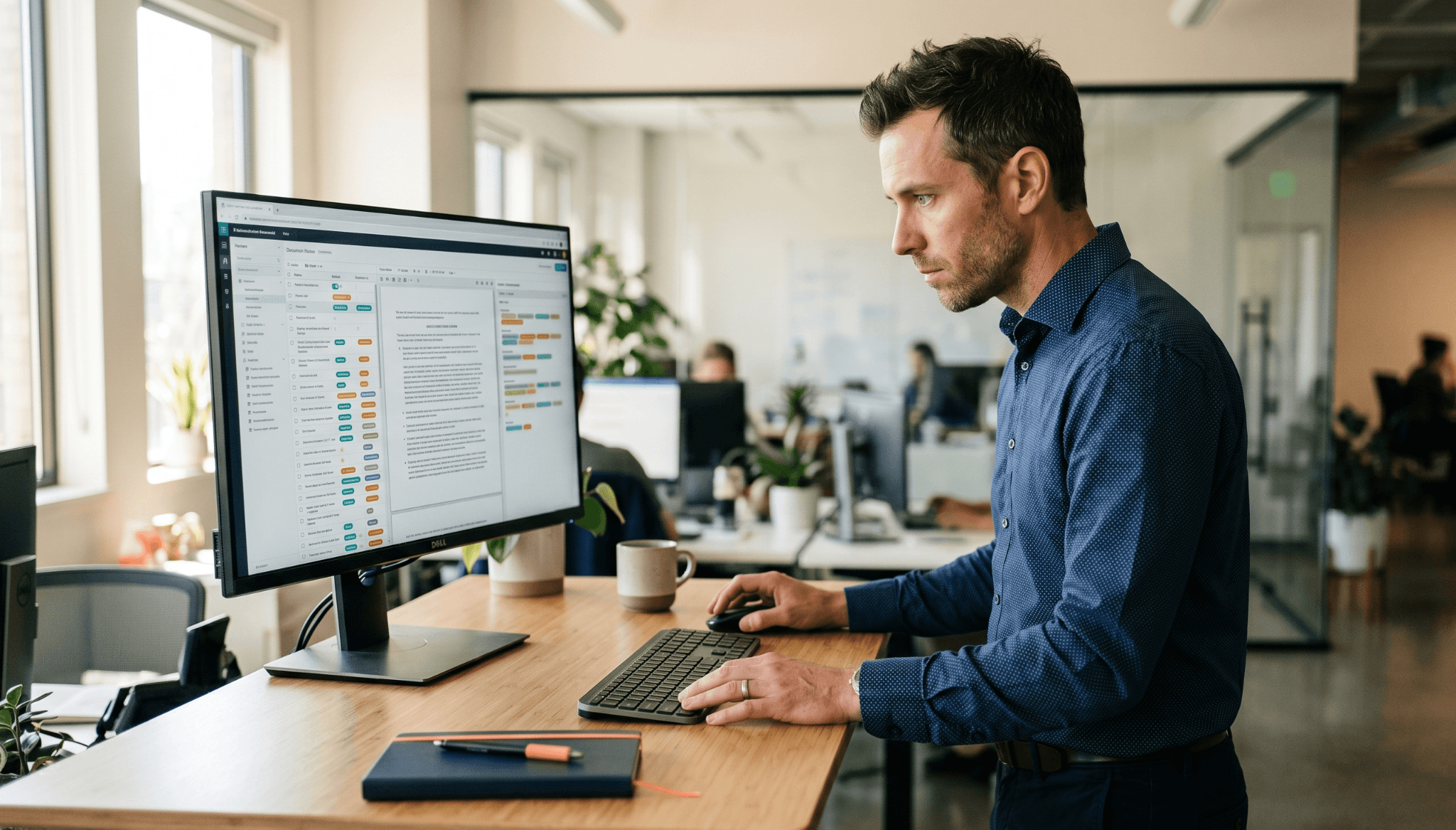 A pharmaceutical MLR reviewer evaluates a document review interface at a standing desk, representing the individual assessment process in a Veeva Vault PromoMats workflow