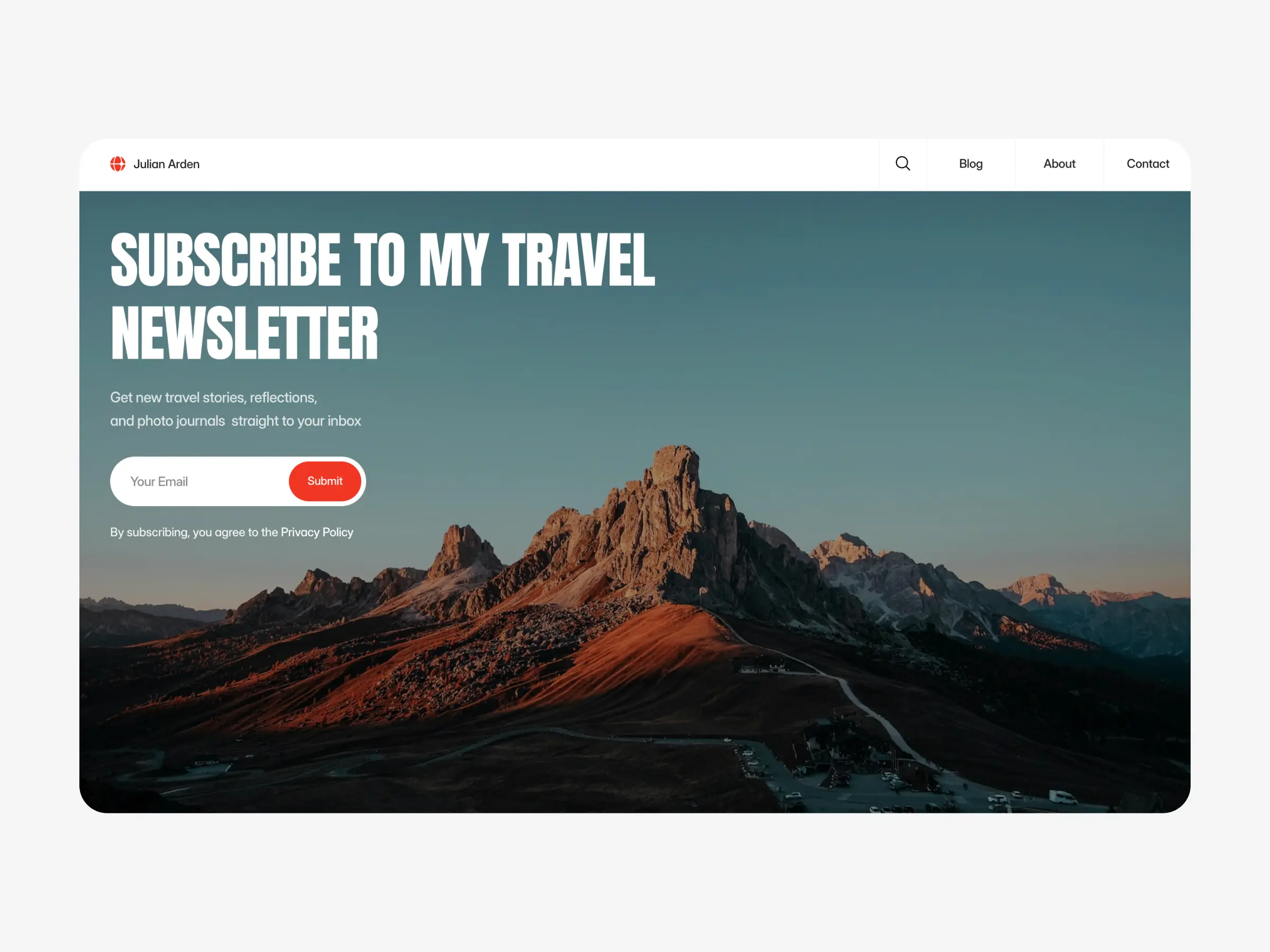 Travel blog website template newsletter subscription section