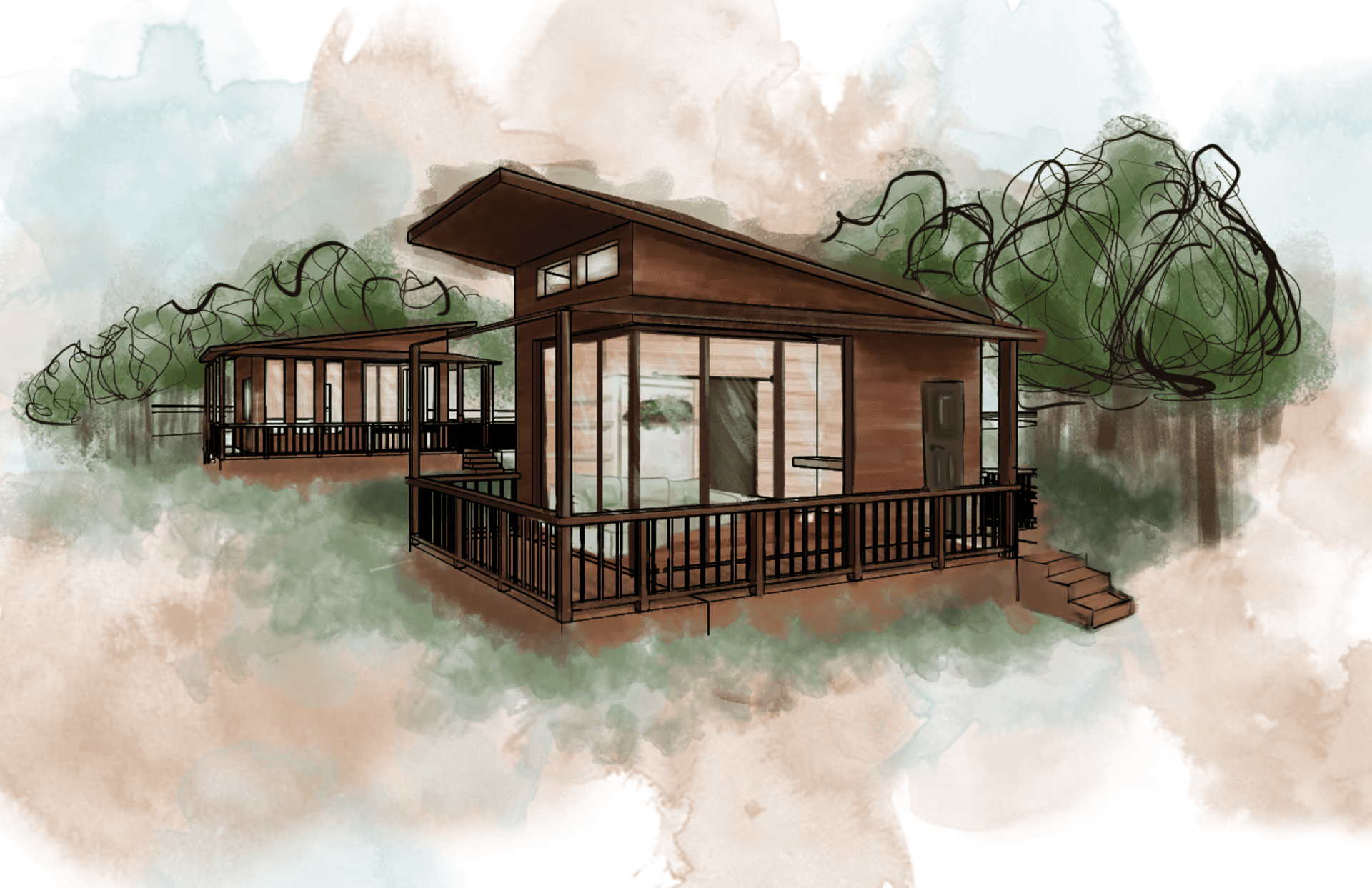 Watercolored rendering of a cottage