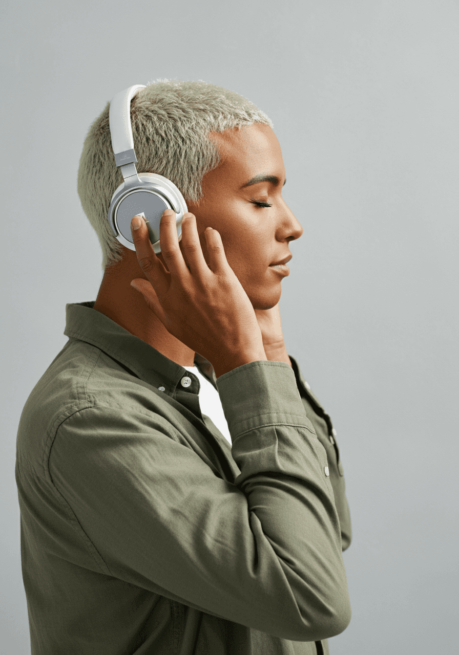 Man wearing silver headphones listening to music.