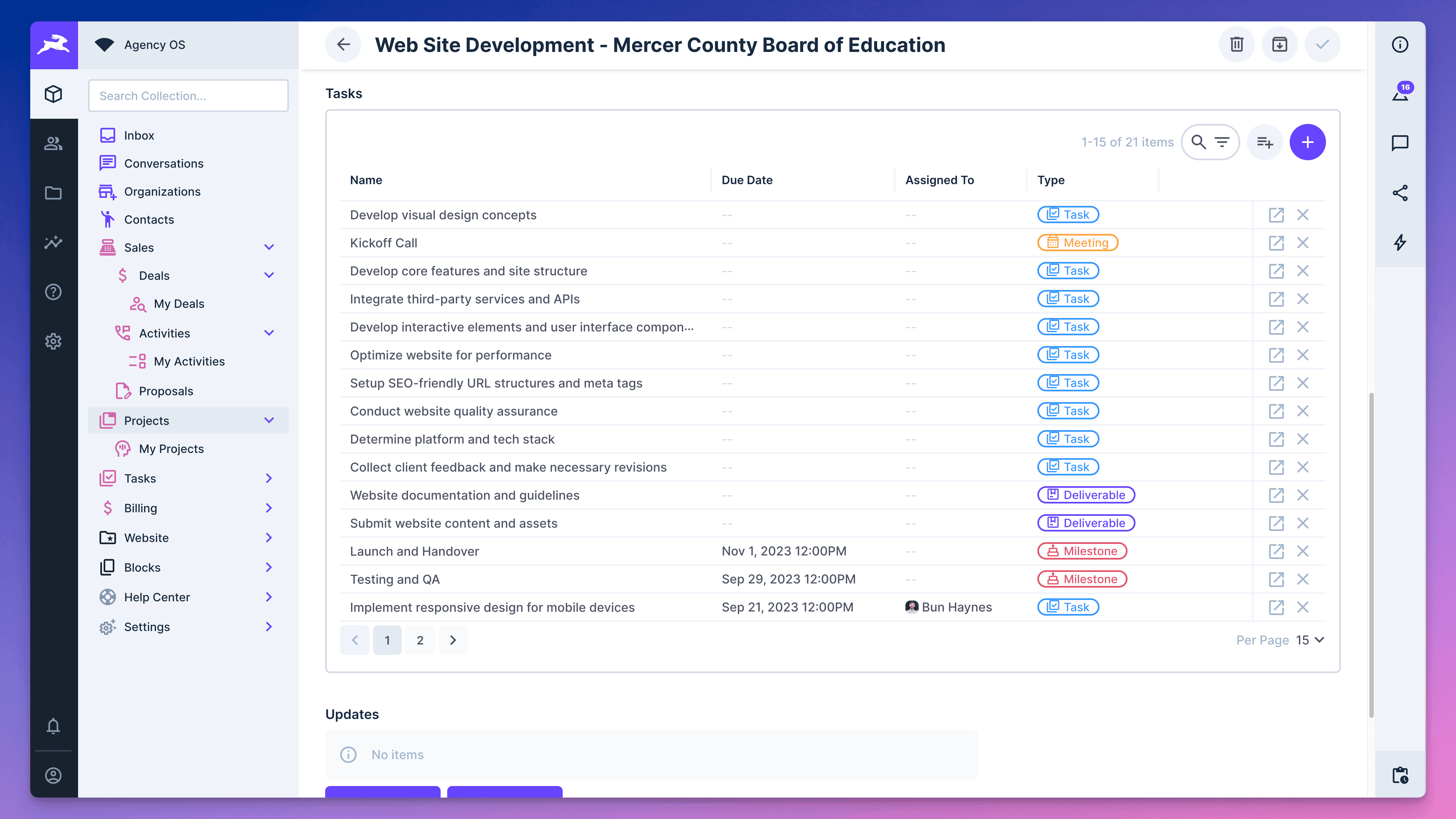 The CRM in AgencyOS is within a Directus project, showing a table of tasks with statuses.