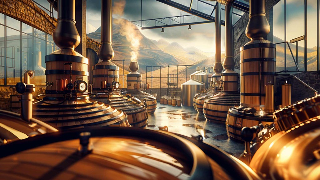 whiskey distillery with picturesque landscape