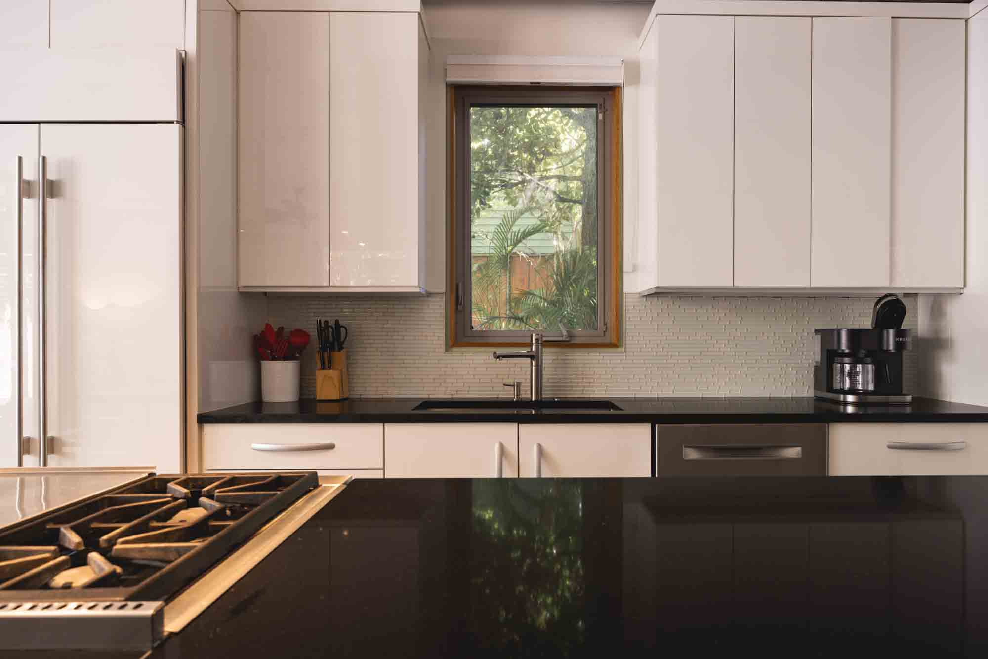 living area of Contra House showcasing modern Key West accommodations with sleek, mid-century design