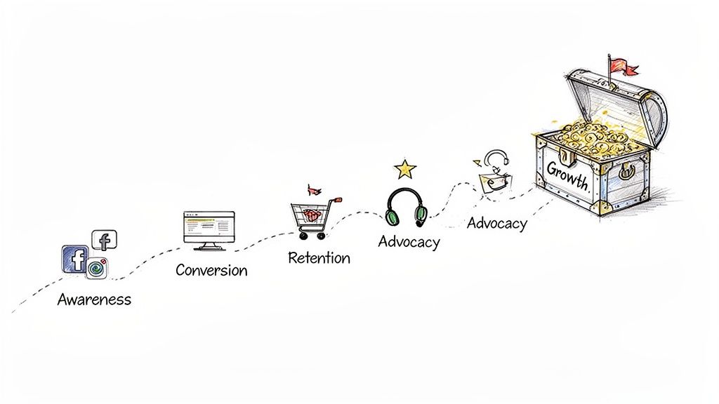 Illustrated customer journey map showing awareness, conversion, retention, advocacy, and growth stages.