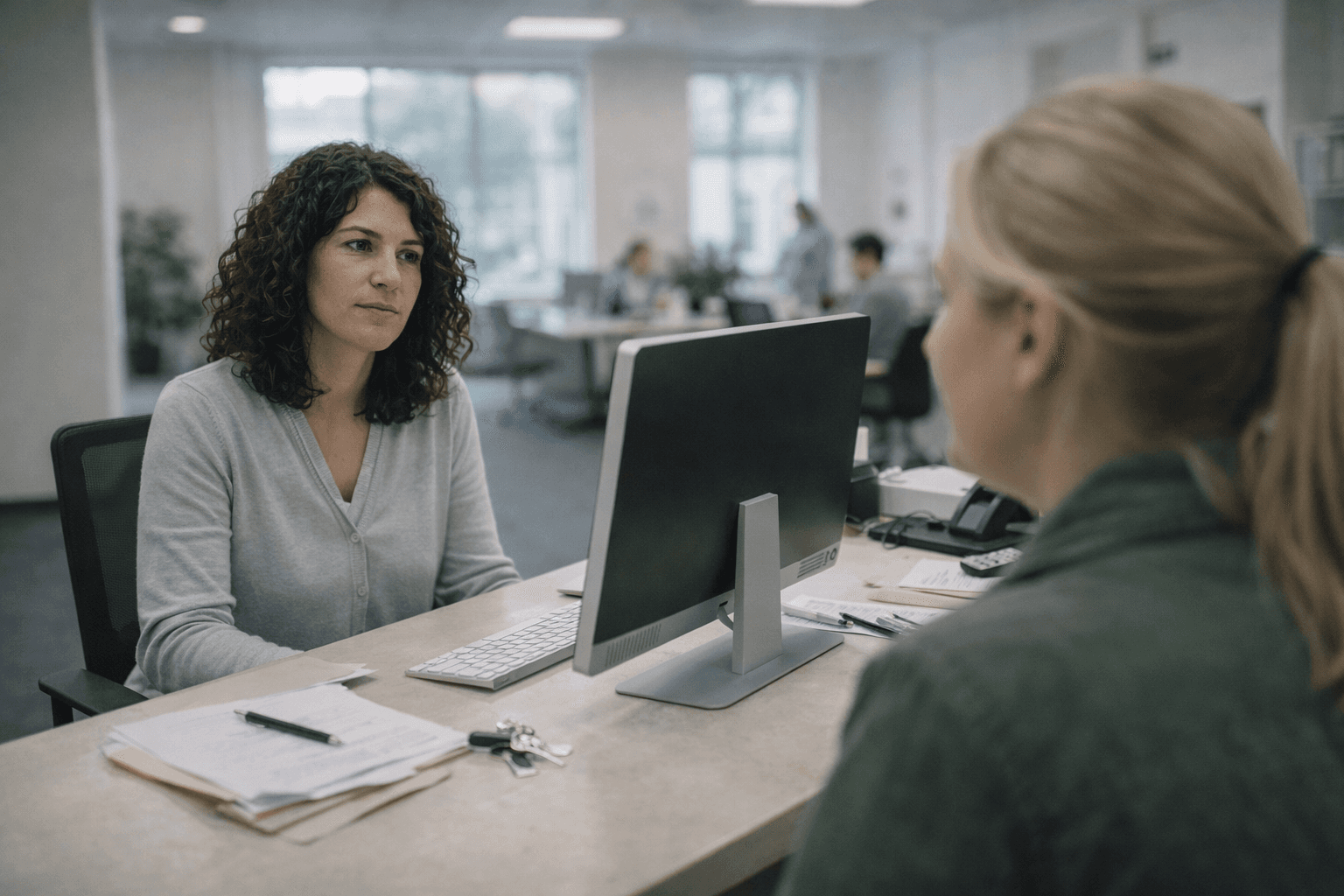Beratungsgespräch zwischen Bürger:in und Mitarbeiterin im Bürgeramt an einem Serviceschalter