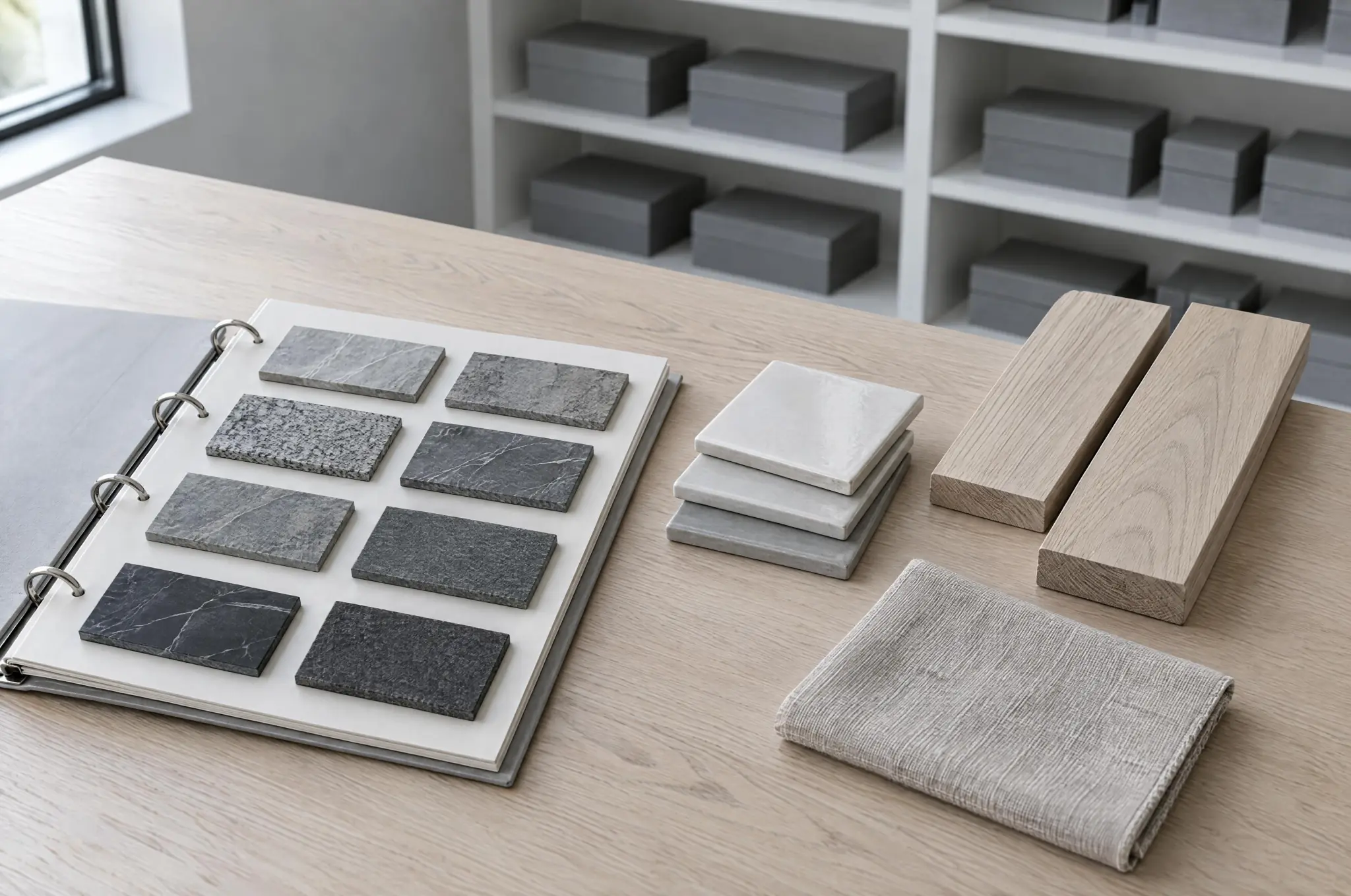 Open binder of grey and charcoal stone sample chips beside tile, flooring and linen samples on a studio table