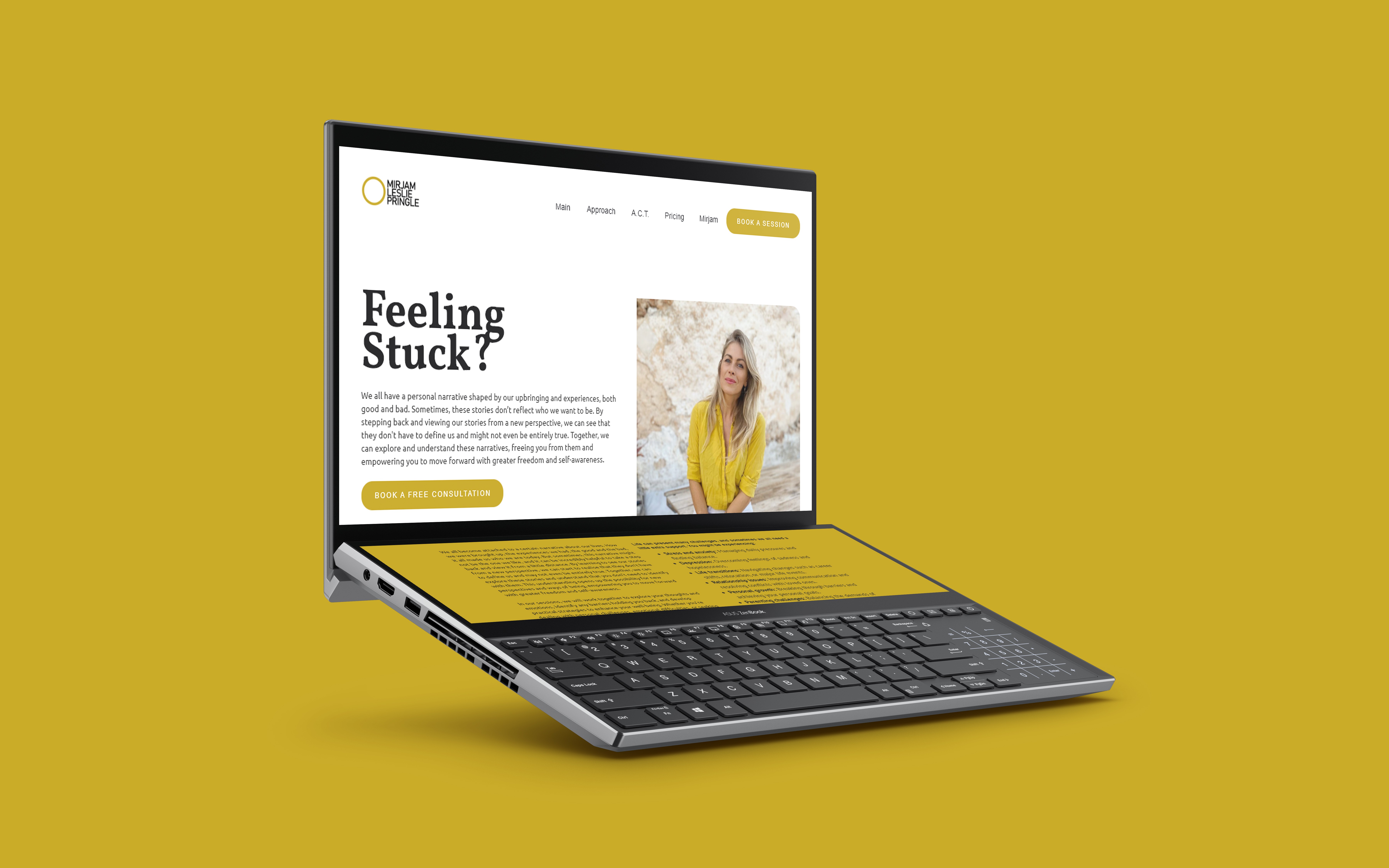 Website mockup on laptop for Mirjam Leslie Pringle