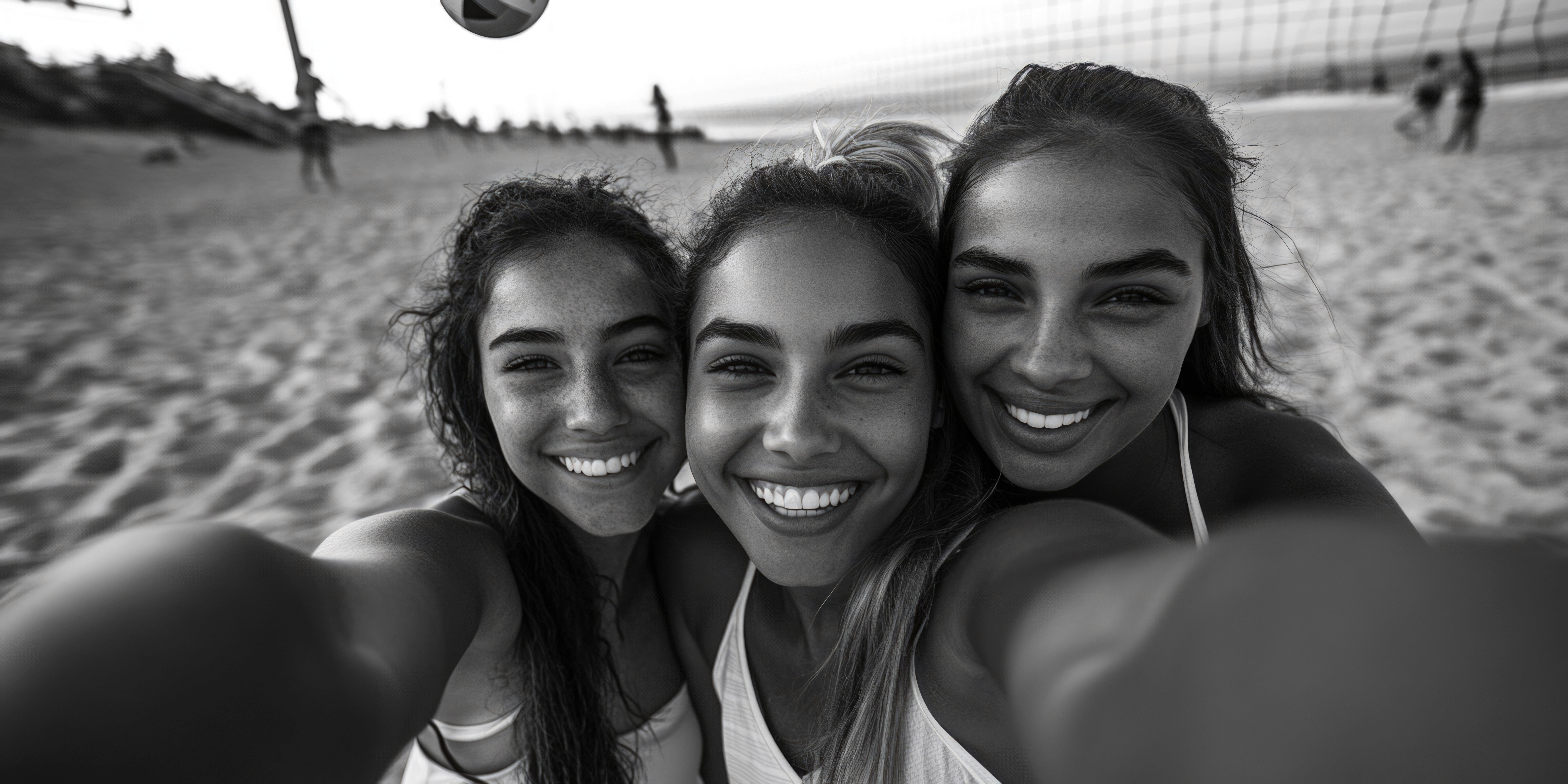 Four women smiling and collaborating around a laptop at a table.