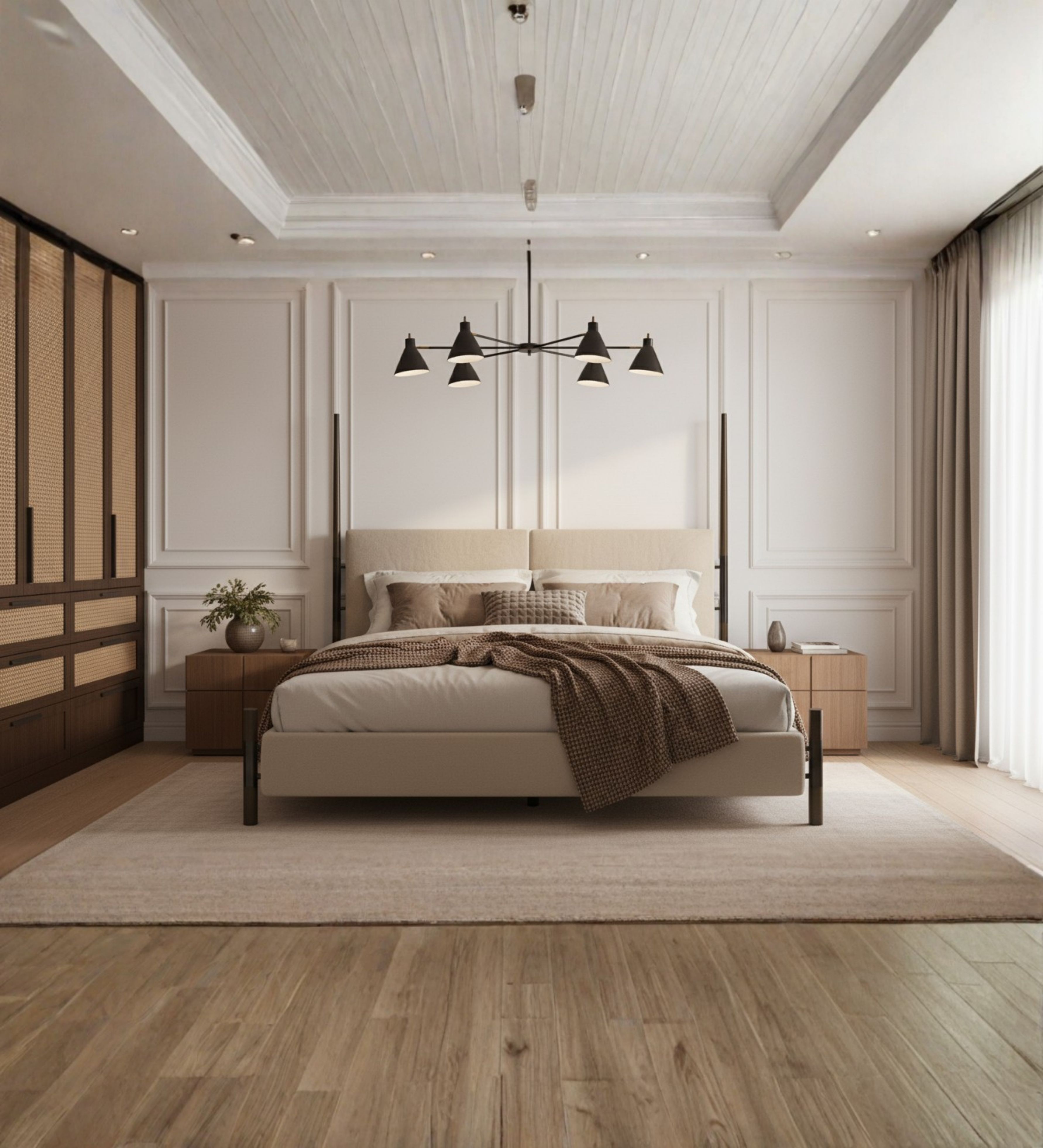 Modern wooden bed with straight frame lines and low platform base