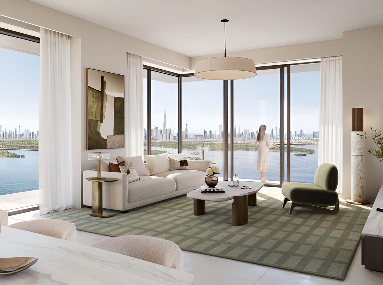 Creek Bay Emaar Properties living room showcasing a beautiful water vista.