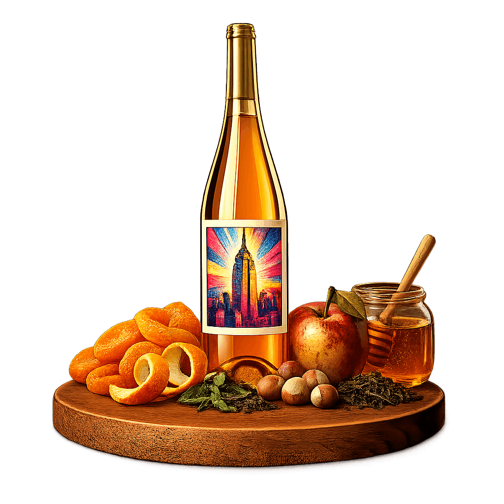 Artistic label and flavor profile for New York Orange Wine on a rustic wooden table.