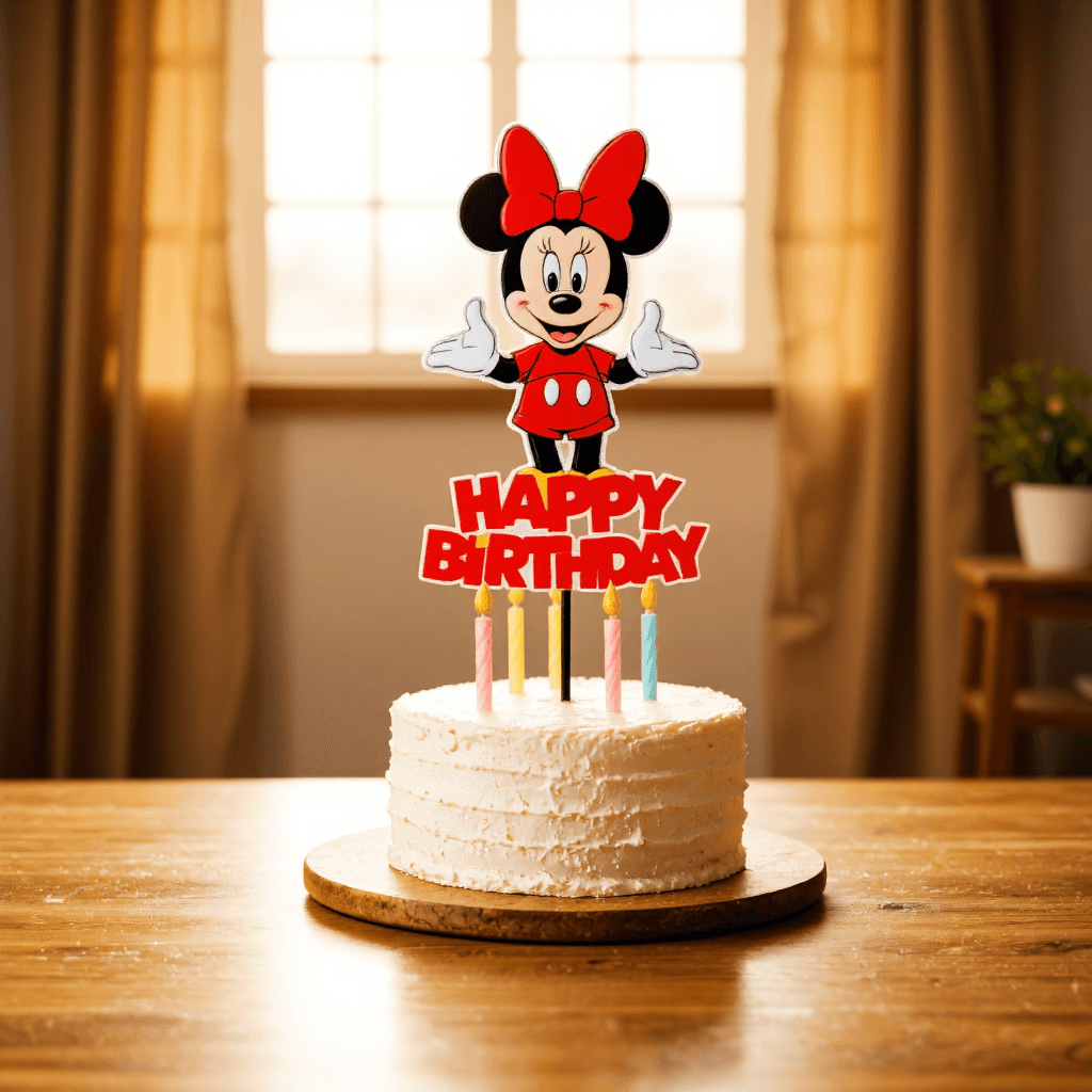 product photography of birthday cake topper with candles and a character illustration