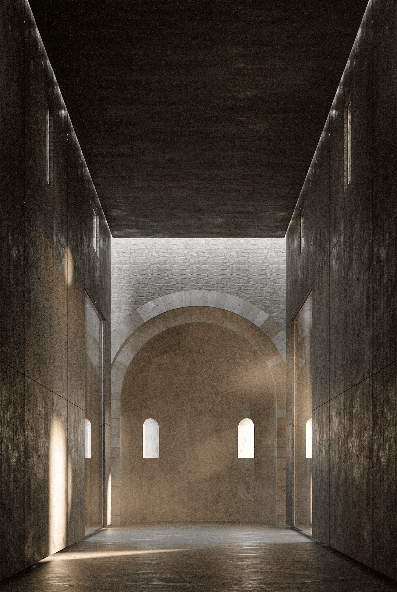Kloster-Entwurf: Schmaler Gang mit weißen Wänden, Rundbogenöffnung und hellem Boden; die Perspektive betont Rückzug, Schwelle und kontemplative Bewegung.