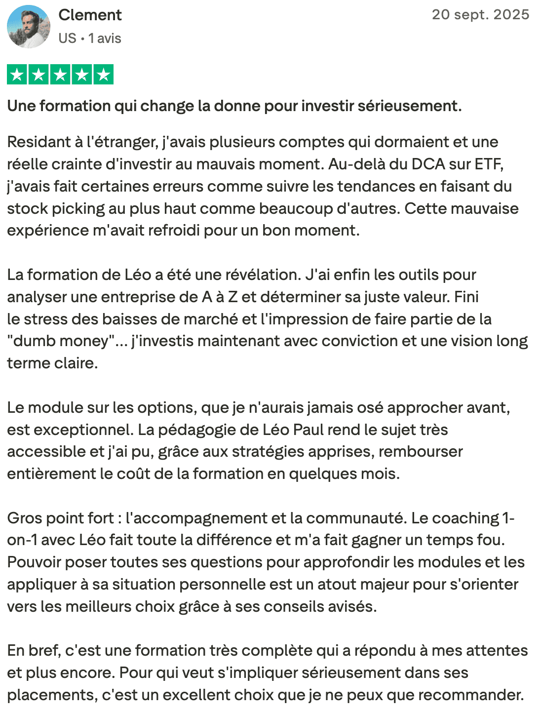 Avis Trustpilot 5 étoiles – Clément, résident US, formation investissement bourse et options, coaching Léo-Paul