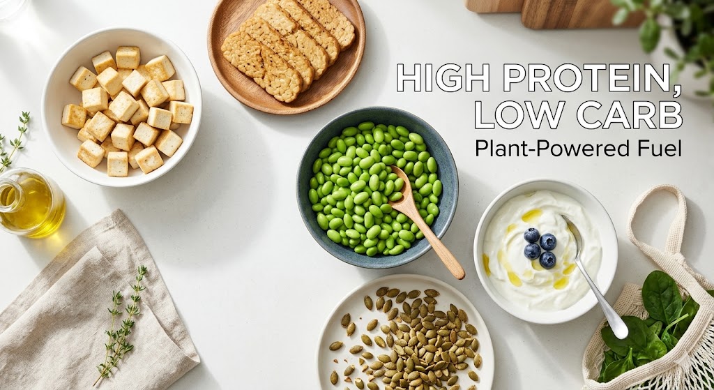 Top-down view of plant-powered high-protein low-carb foods, featuring tofu, tempeh, edamame, pumpkin seeds, and Greek yogurt.