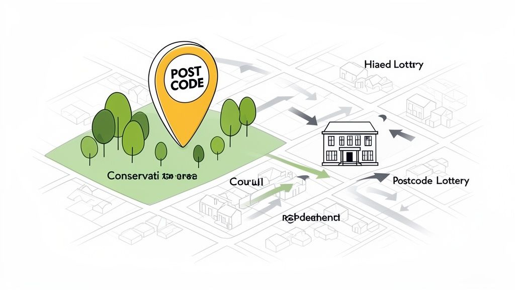 Diagram showing a postcode marker, conservation area, and arrows indicating funding from Postcode Lottery to a house and community.