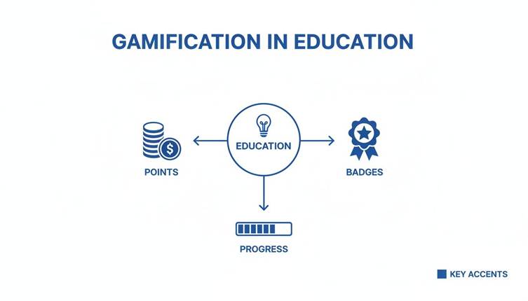 A diagram illustrating gamification in education with elements like points, badges, and progress, all centered around learning.