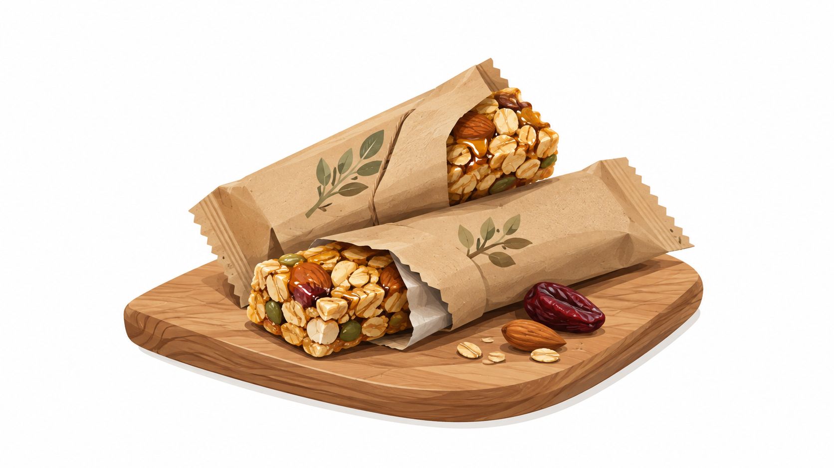 Dos barras de granola saludables envueltas en papel sobre una tabla de madera para una cafetería.