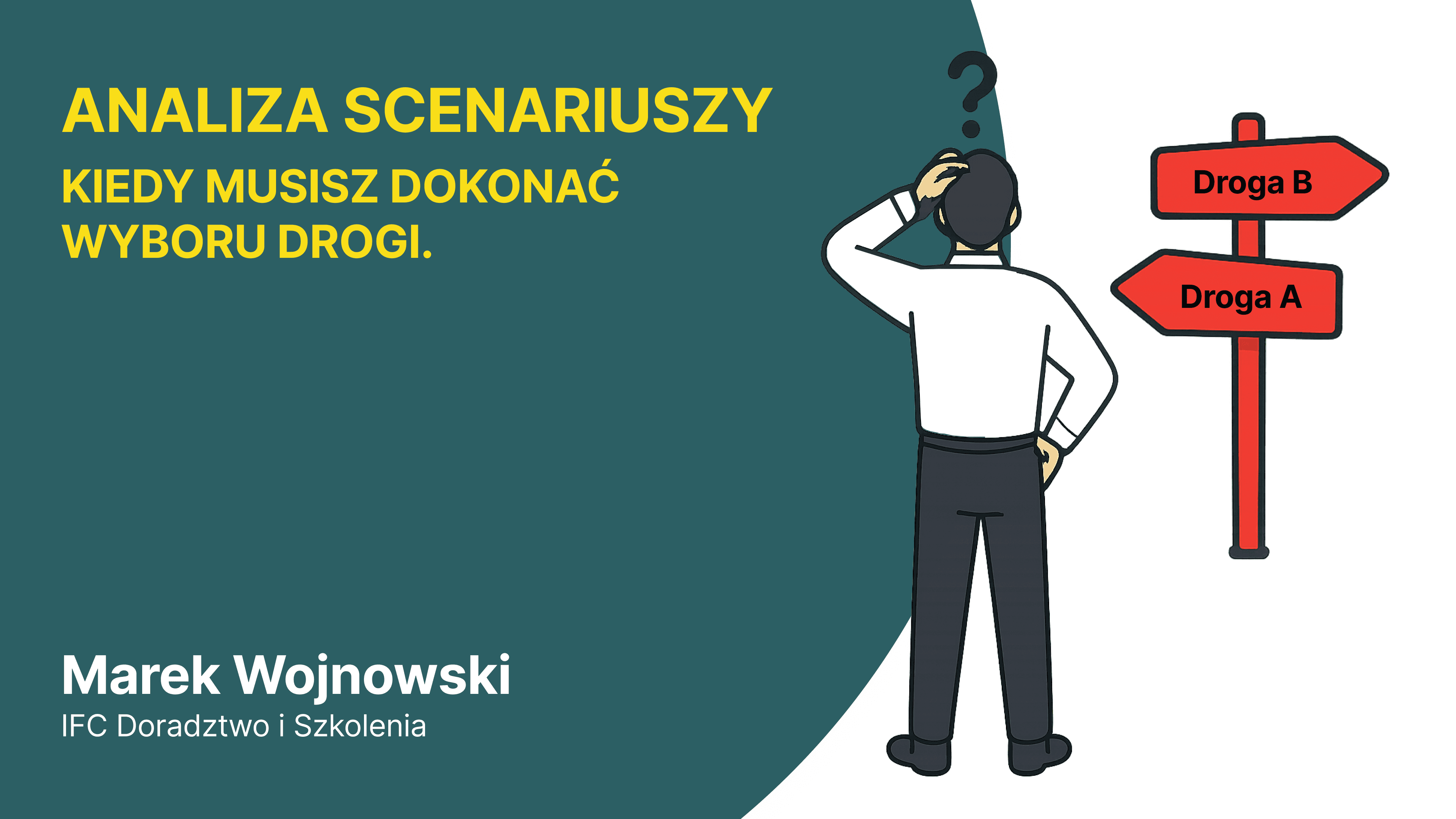 Postać stoi na rozdrożu ma do wyboru drogę A lub drogę B. Drapie się zakłopotana w głowę.