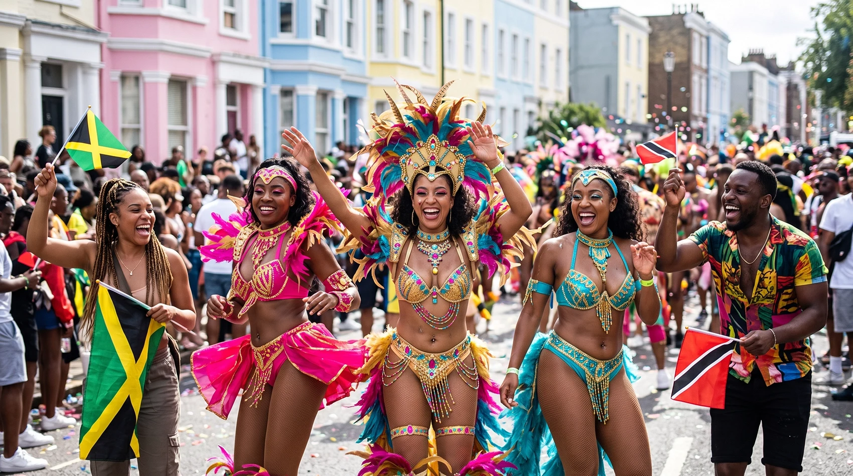 Carnival dancers at Notting Hill Carnival with Grenada and Jamaica flags spectators in London street