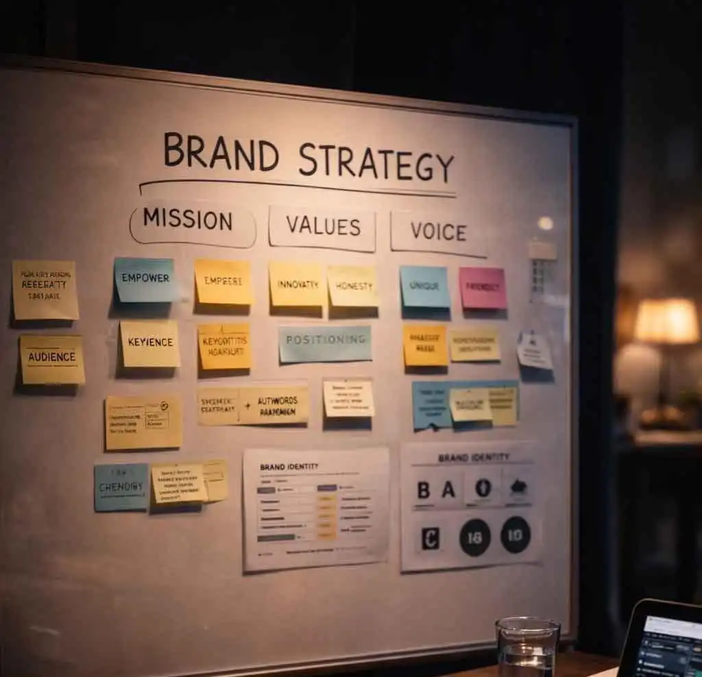 A white board showing branding strategies based off misso, values and voice.