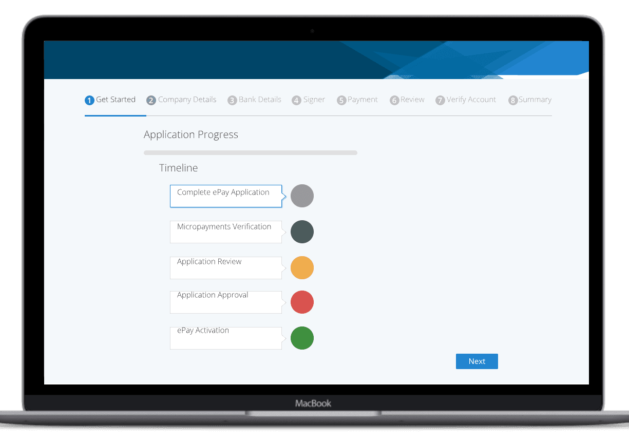 ePay application progress tracker showing multi-step setup process from company details through micropayments verification to account activation