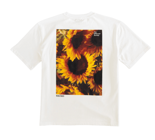 The back of a white t-shirt showing a yellow sunflower with the worlds 'sunflower' at the top and 'good day' at the bottom
