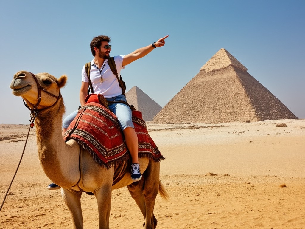 A tourist riding a camel with the Pyramids of Giza in the background.