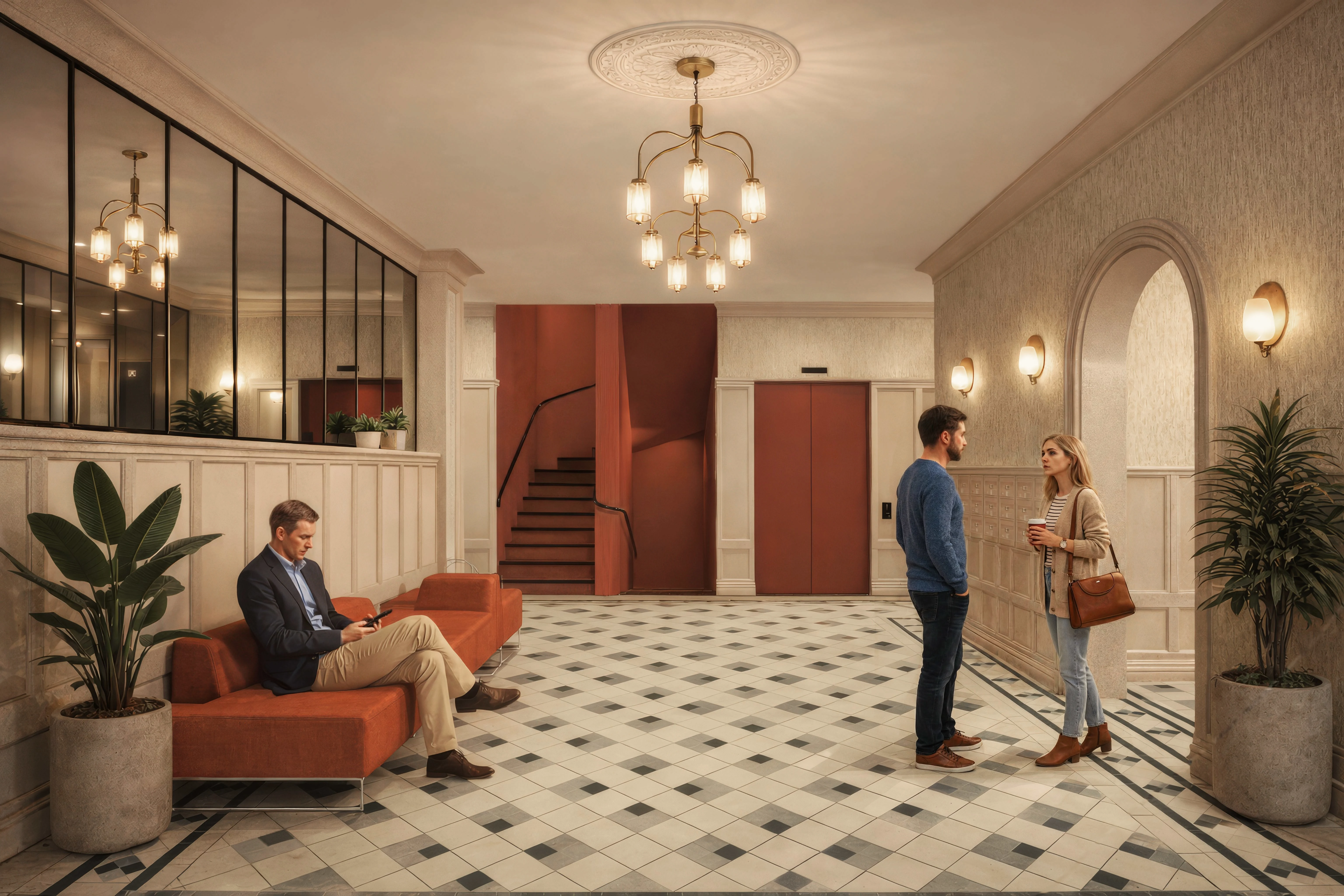 Interiør i felles inngangsparti med resepsjon, buede vinduer og klassiske detaljer